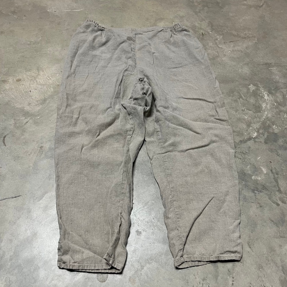 FLAX Womens Large Linen Pants Gray Elastic Waist Wide Leg Lagenlook